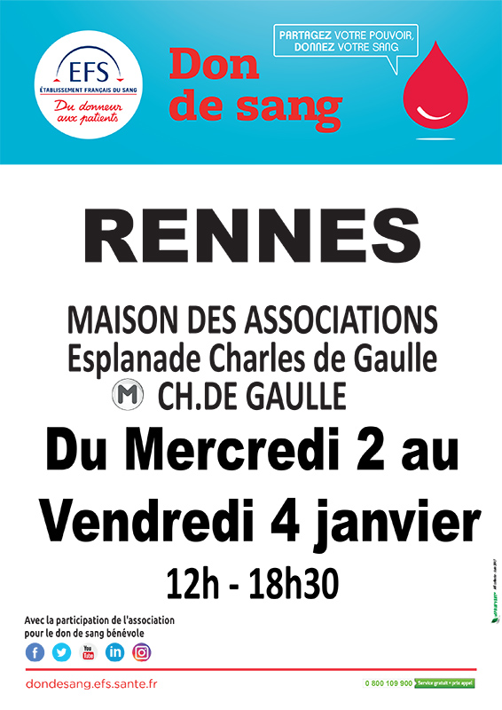 Don de sang maisons des associations rennes décembre 2018