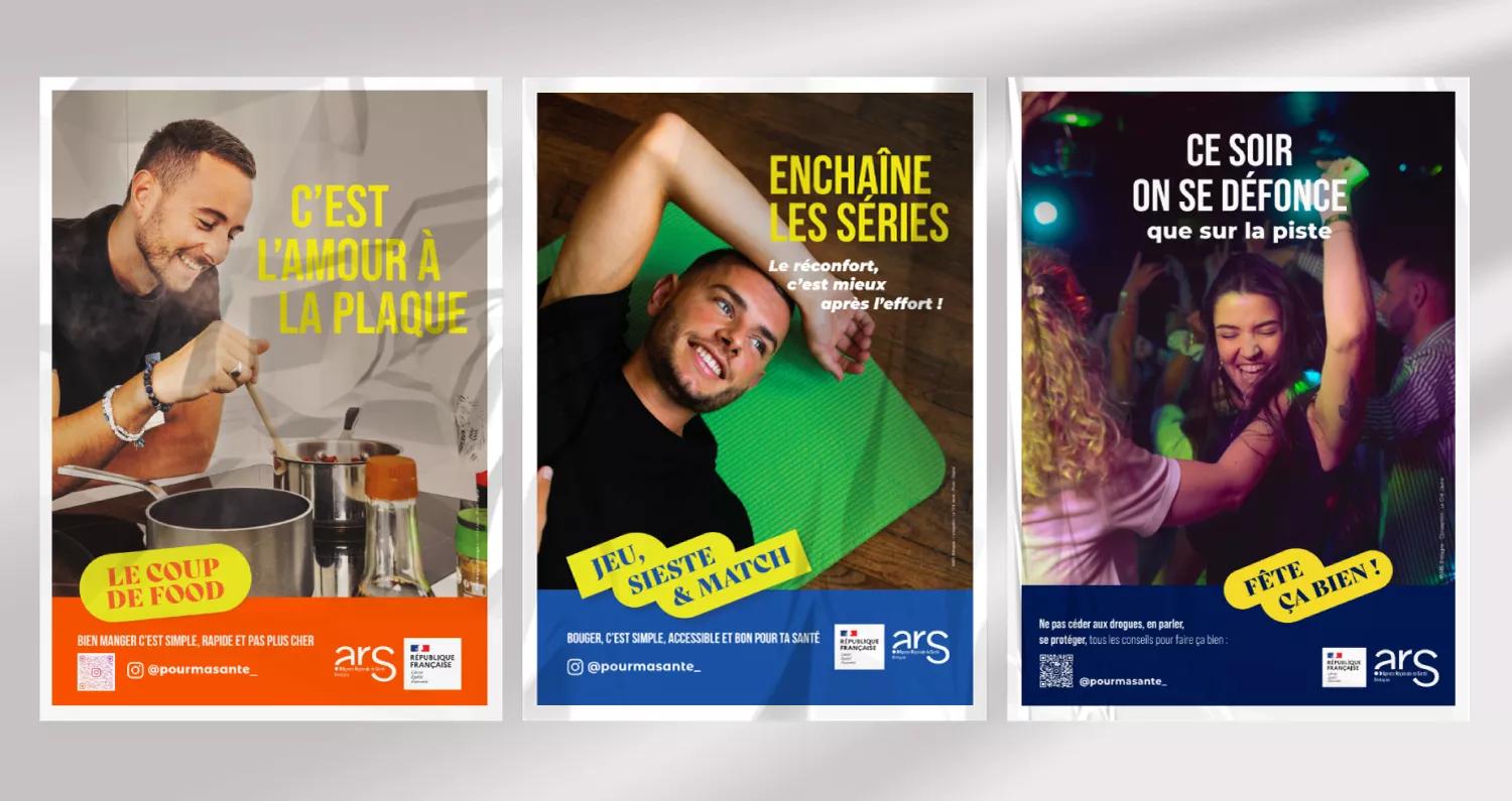 Affiches des trois campagnes de prévention de l'ARS Bretagne - voir description détaillée ci-dessous.